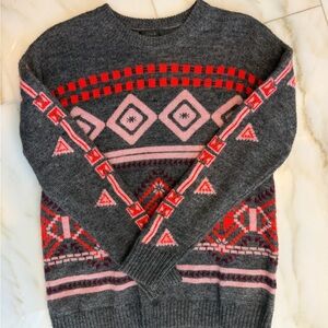 J. Crew Gray Crewneck Sweater with Pink & Red Fair Isle Motif